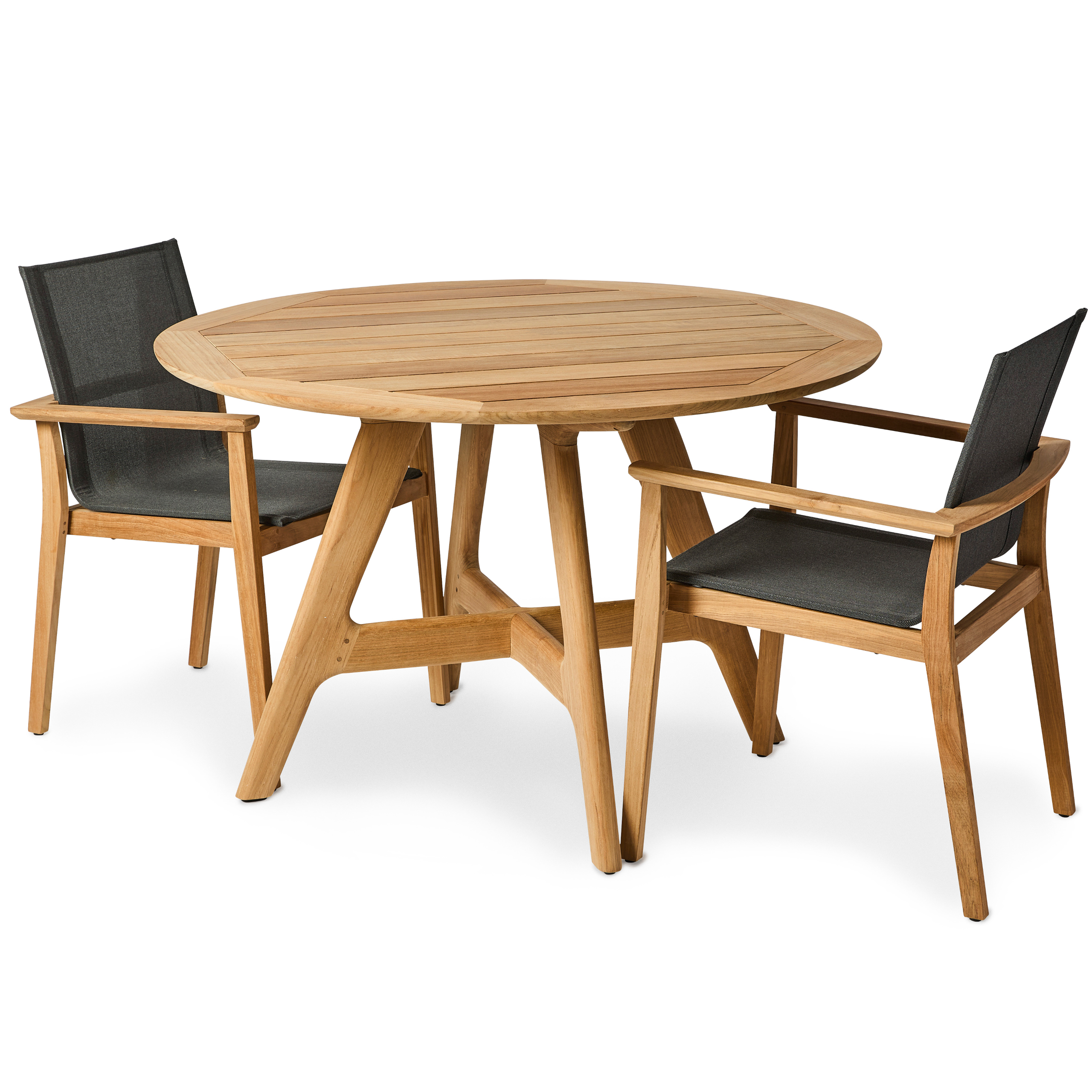 The Freshwater teak outdoor dining table in a setting with Newcastle stacking armchairs, a Jati Furniture product