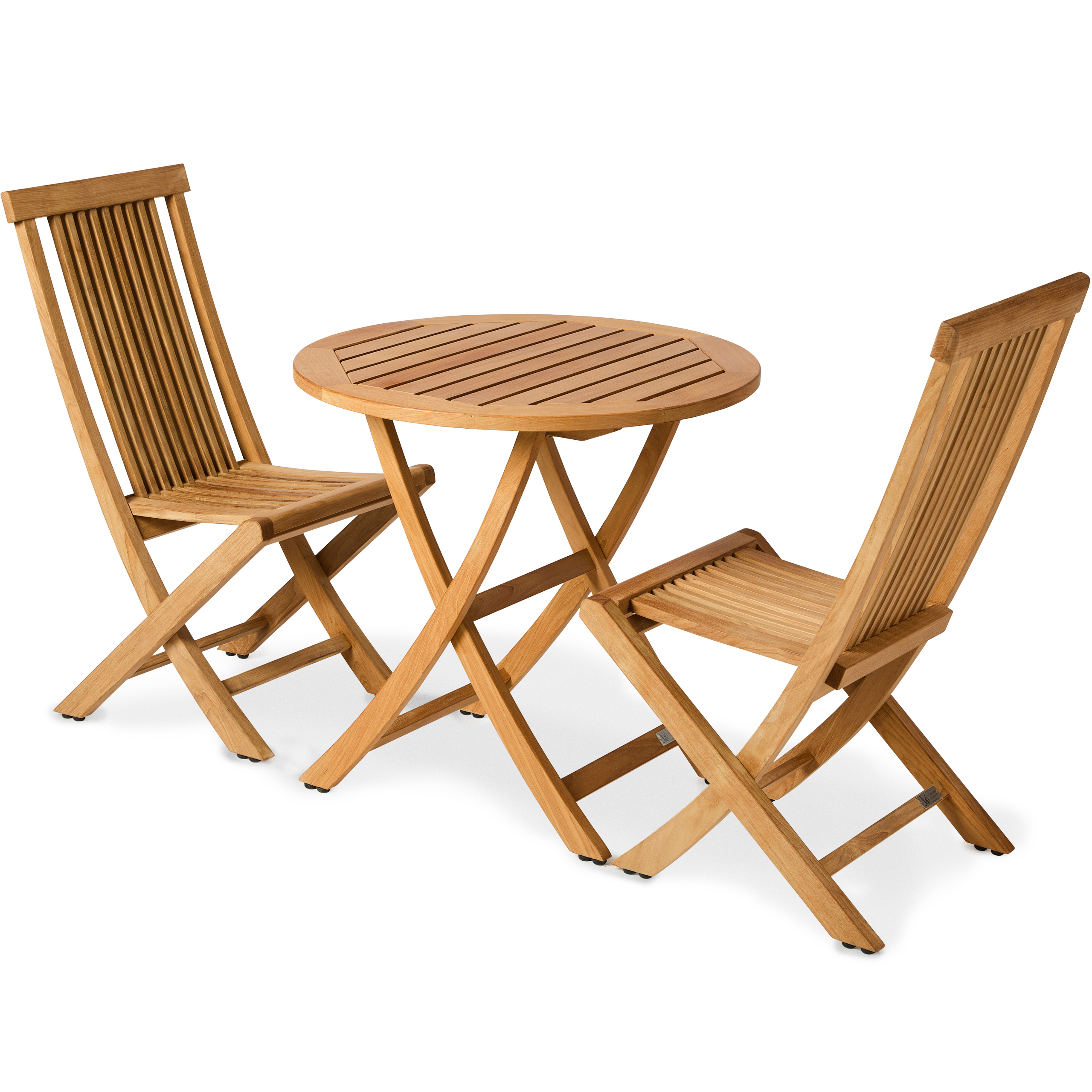 The Cumberland teak folding outdoor table in a setting with Harrington folding chairs, a Jati Furniture product